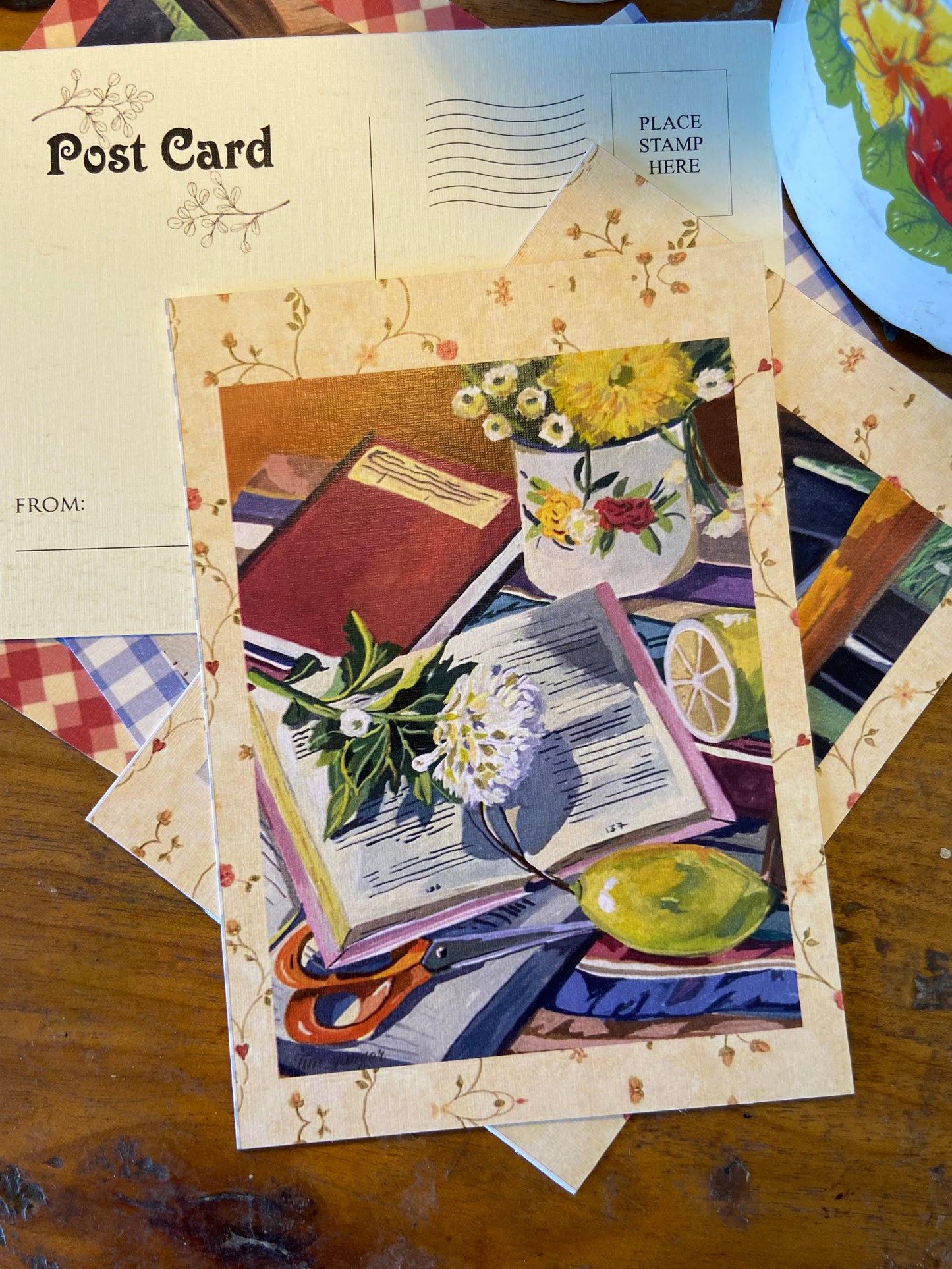 Books and flower still life postcards