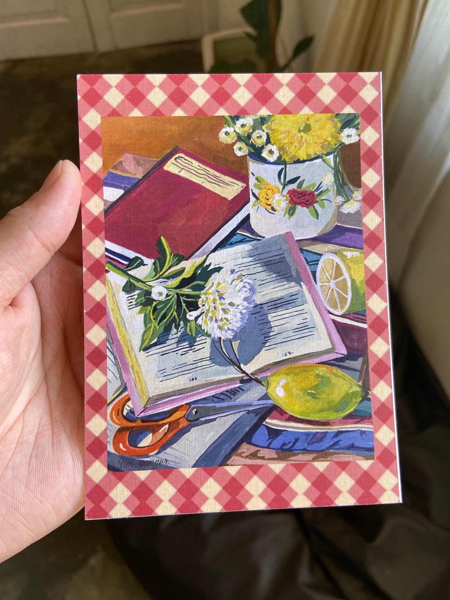 Books and flower still life postcards