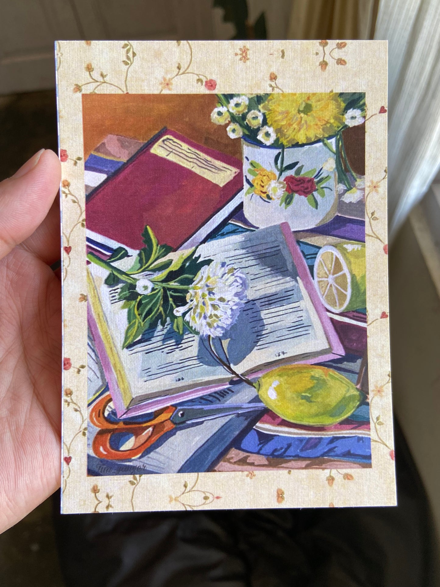 Books and flower still life postcards