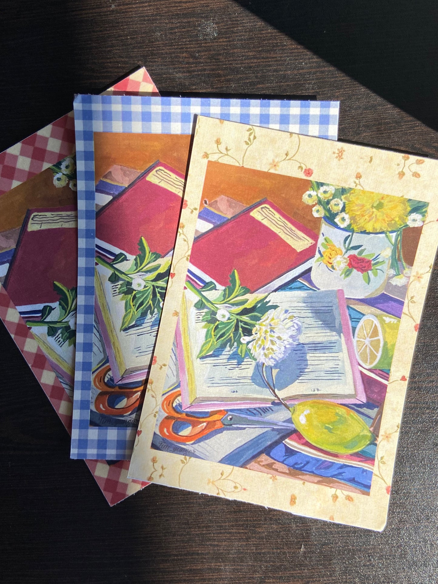 Books and flower still life postcards