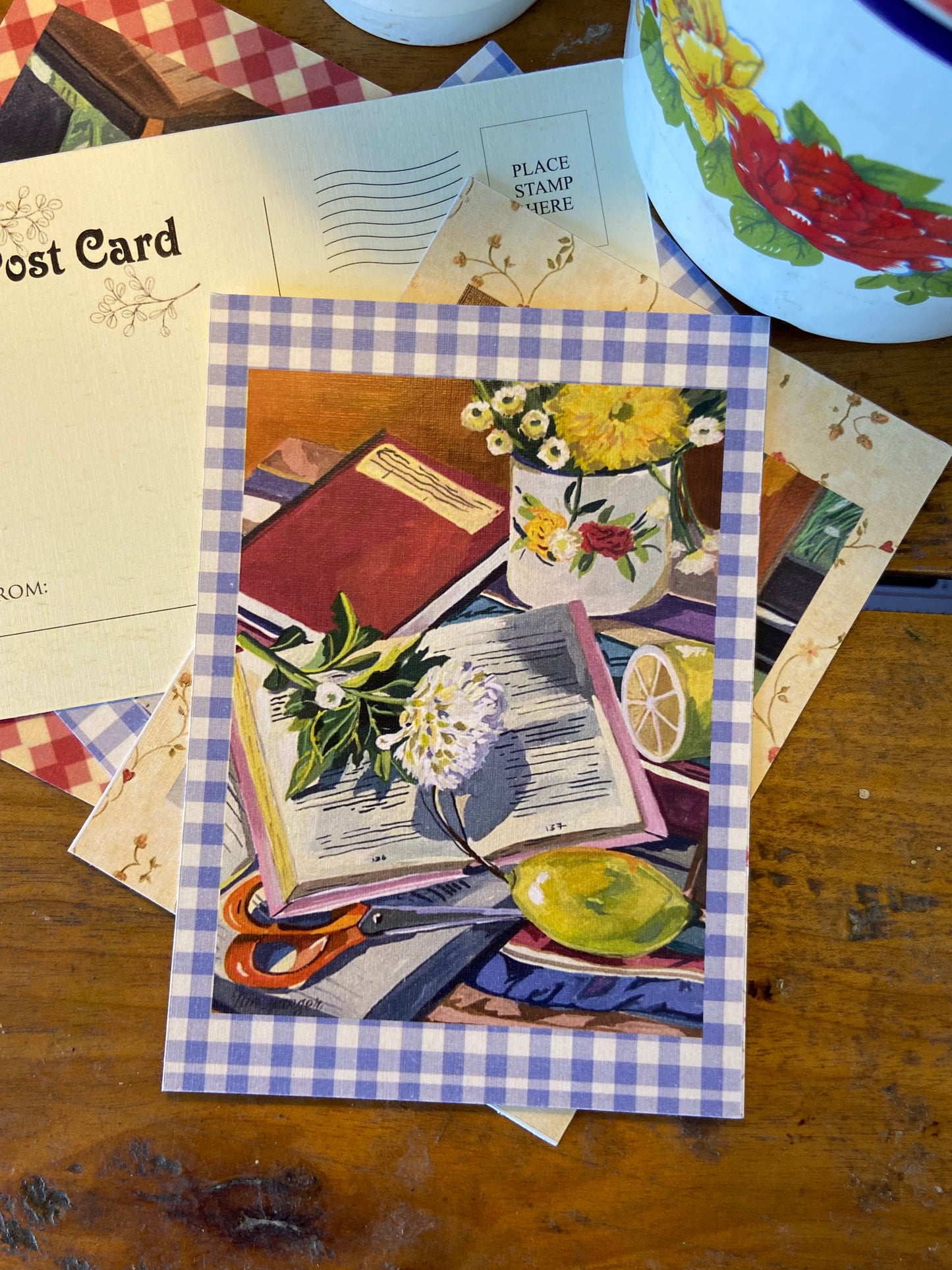 Books and flower still life postcards