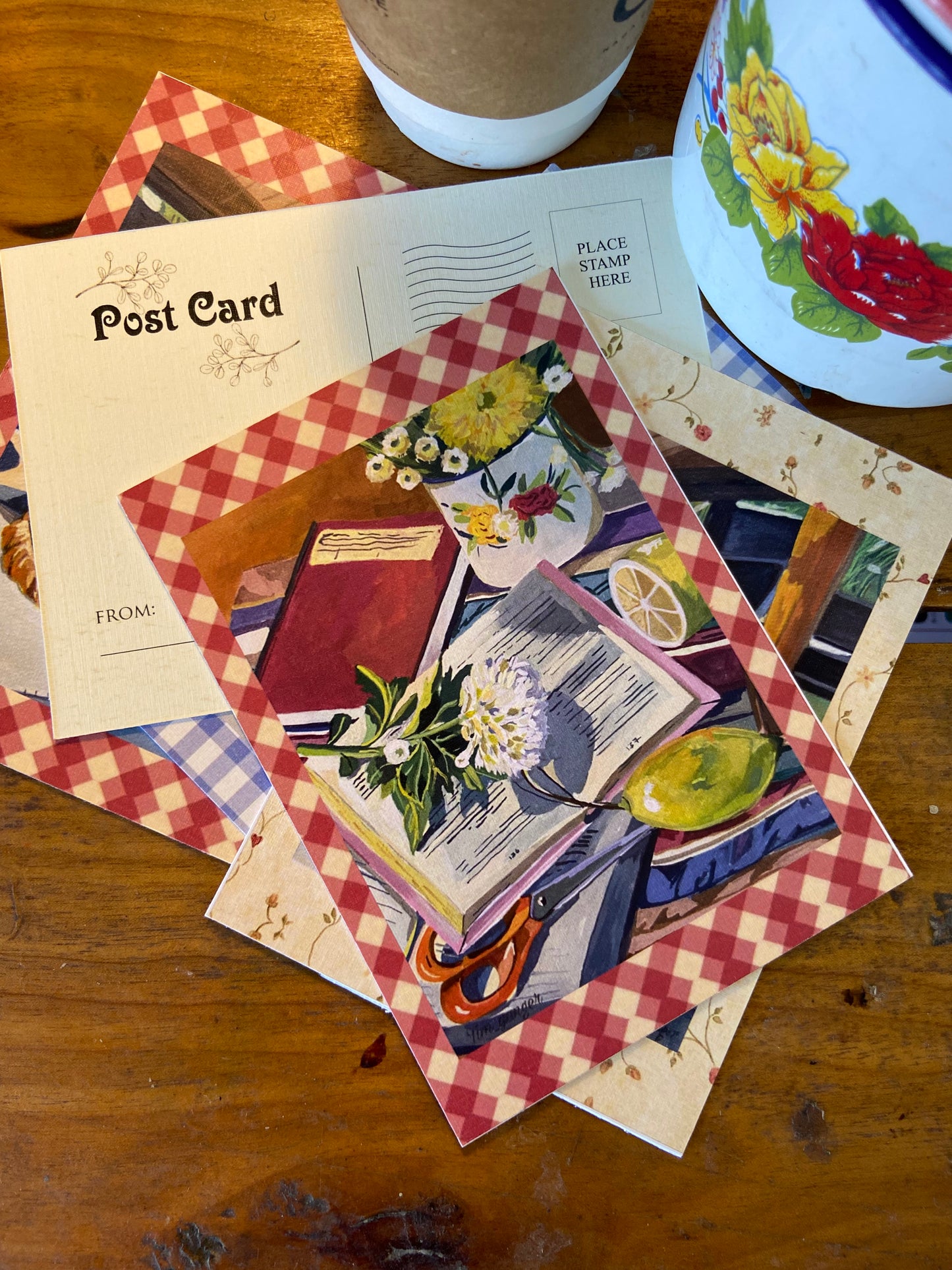 Books and flower still life postcards