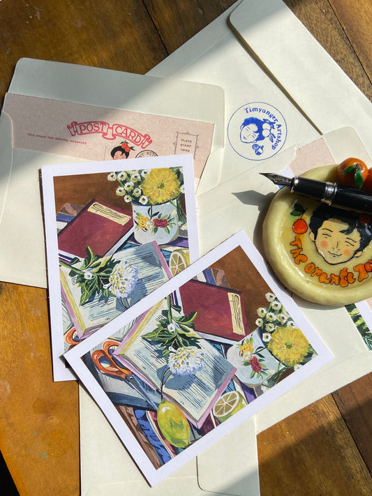 Books and still life postcards