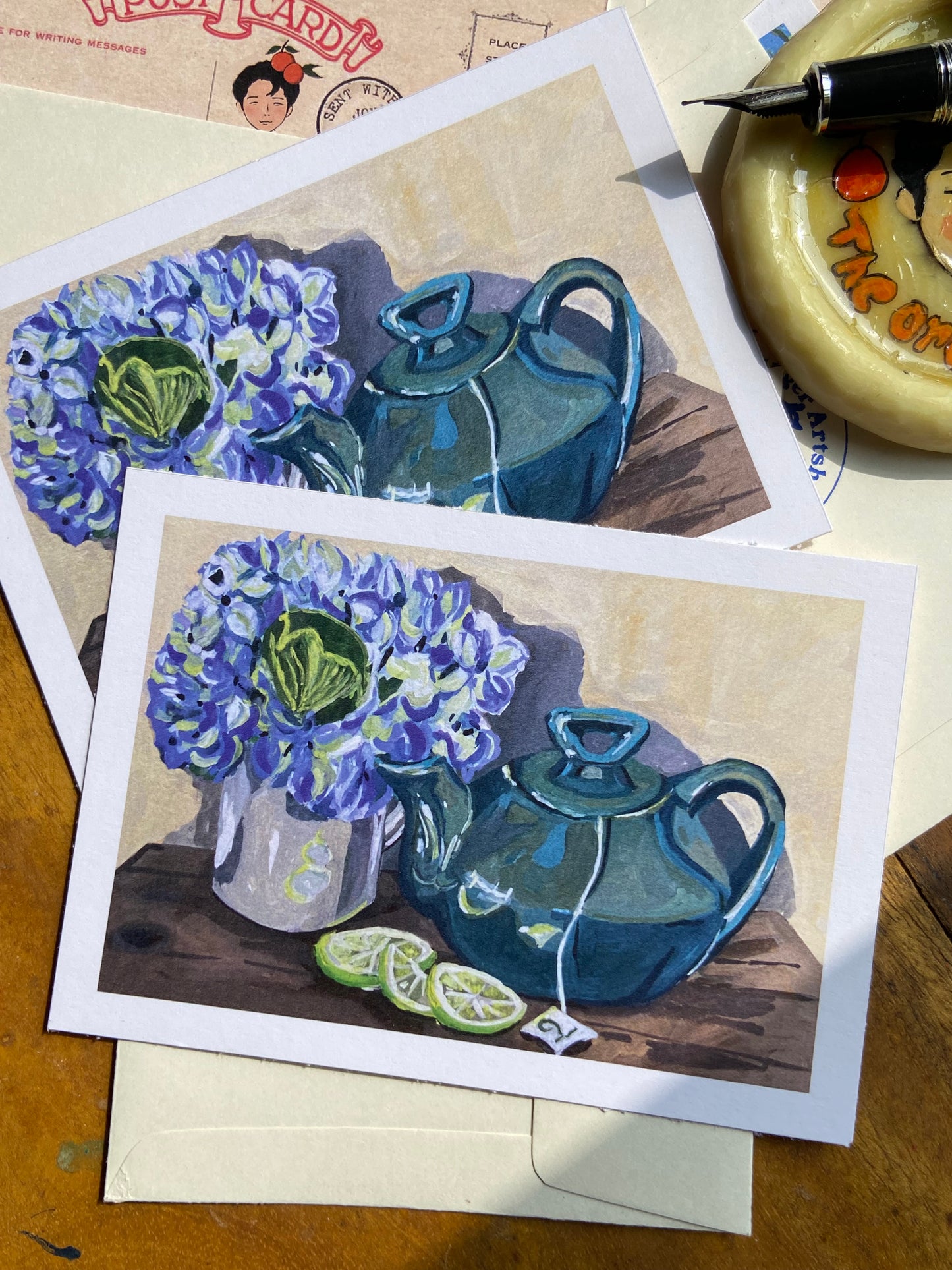 Hydrangeas and teapot postcards