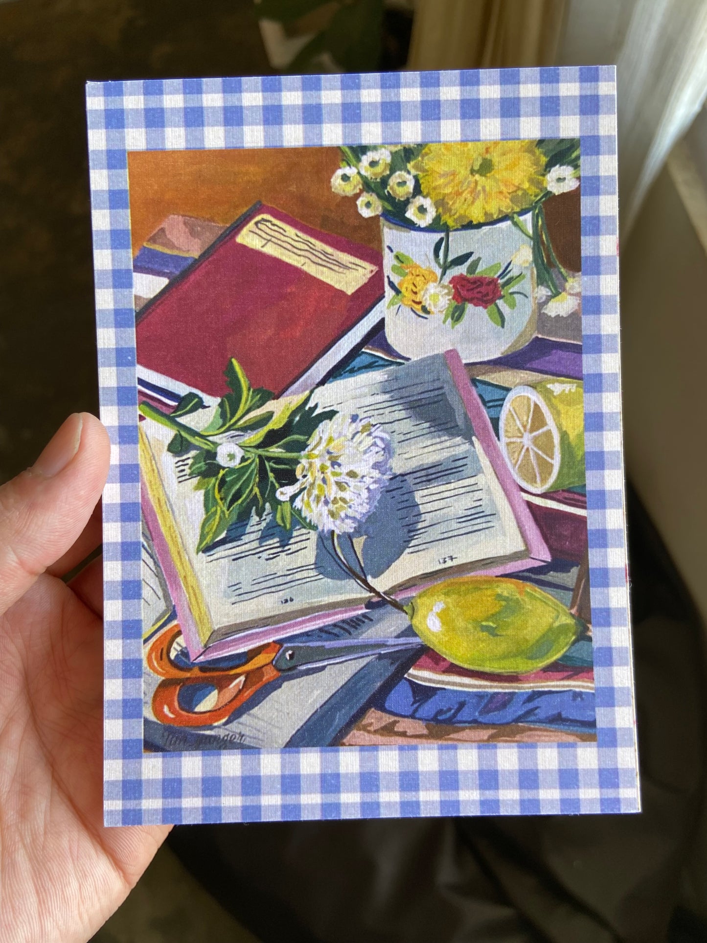 Books and flower still life postcards