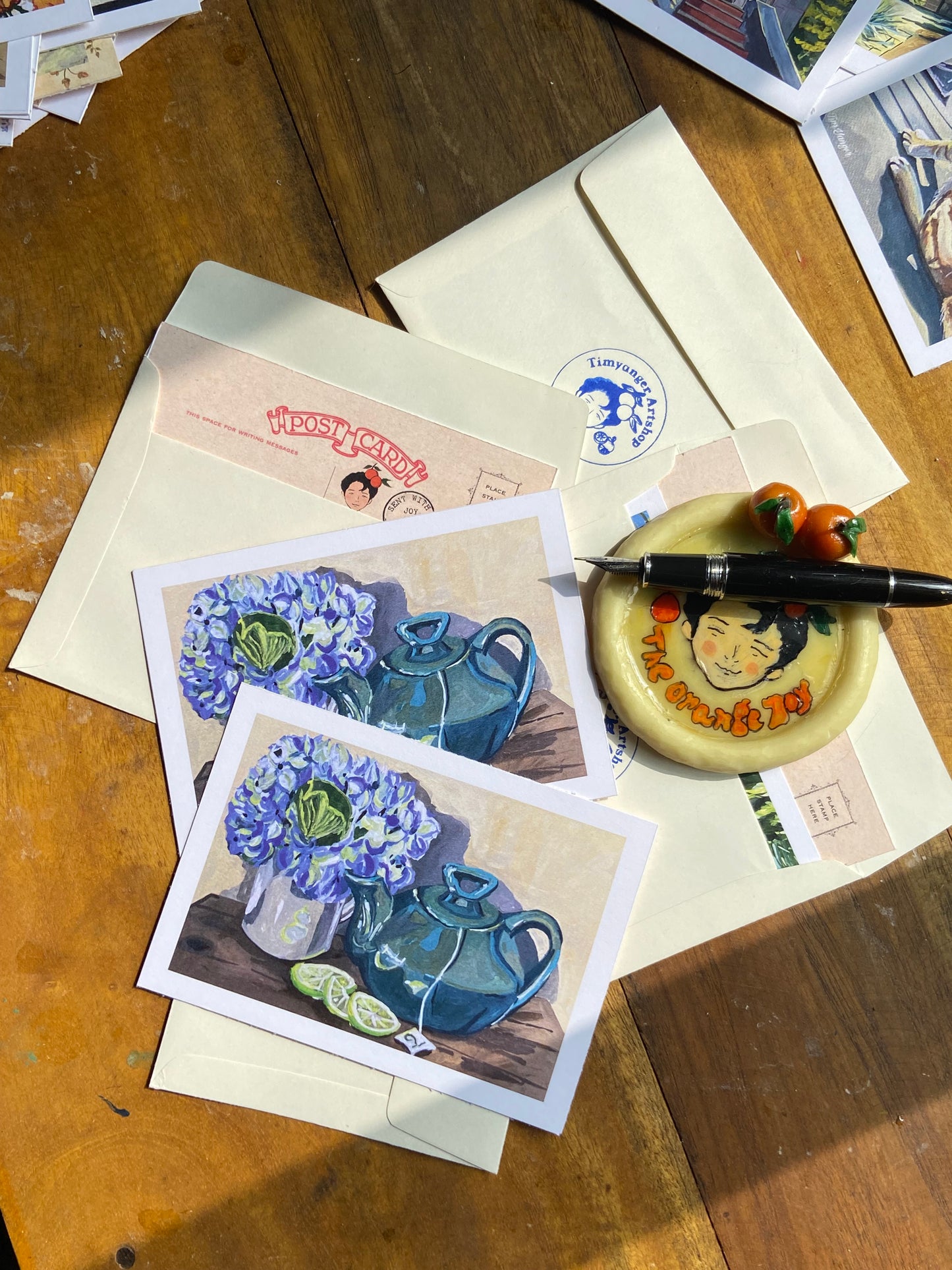 Hydrangeas and teapot postcards